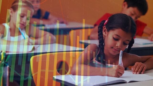 Vertical video: Braided-hair student writing notebook for classwork pen sparking color bars overlay