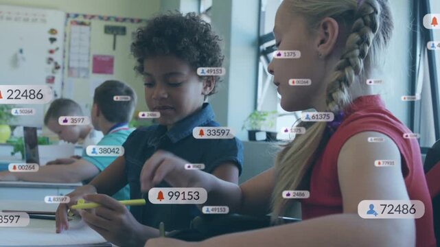 Curly child and blonde child leaning, sharing pencil as animated badges appearing prompt learning