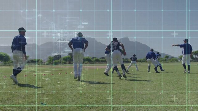 Coach pointing, players shuffling near cones, fielding for baseball drill, HUD overlaying players