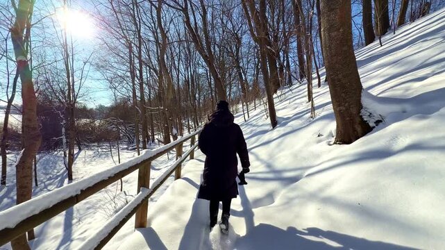 Person walking along snowy forest path beside wooden railing
