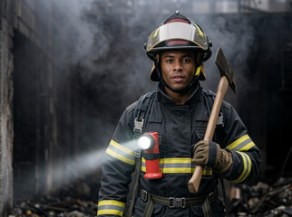 Fototapeta premium Black male firefighter holding axe in ruined smoking building. Professional first responder in uniform and helmet with chest flashlight. International firefighters day