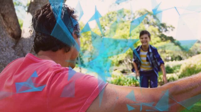 Son running toward father, leaping into arms reuniting, blue geometric overlays animating for ads