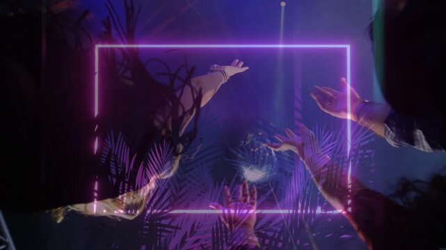 Neon purple frame appearing, arms reaching toward disco ball, lights pulsing, group celebrating