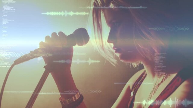 Gripping mic stand, female singer bringing mic closer and singing for music with waveform scrolling