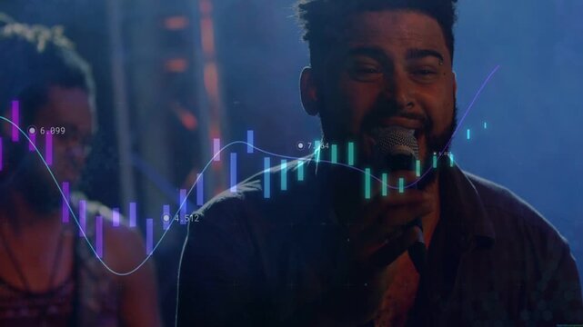 Diverse male bandmates performing on stage, lead singer singing into mic, data overlay moving