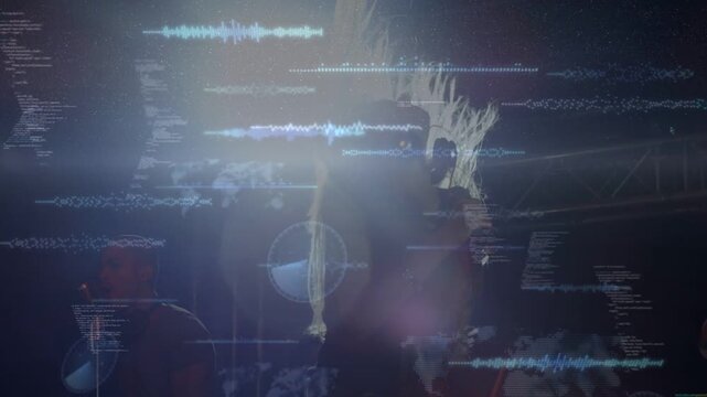 Female lead whipping hair onstage on beat drop in music, syncing HUD waveforms and gauges