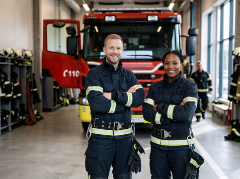 Diverse male and female firefighters standing with arms crossed in a fire station. Confident emergency service team in uniform in front of a fire engine. International Firefighters Day