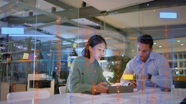 Woman tapping tablet, glowing overlay shifting, man leaning and writing, both finalizing review