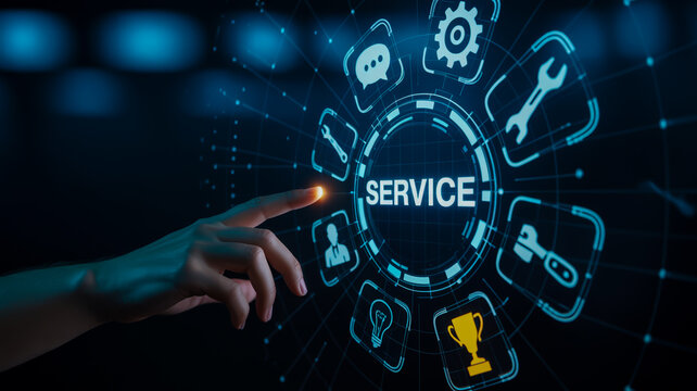 A concept of internet technology, with binary code displaying the word 'service' on a black digital screen background, along with a futuristic cybersecurity data interface,