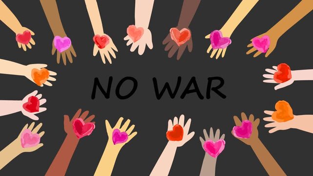 戦争反対を訴えてハートを掲げる世界の人々の手アニメ