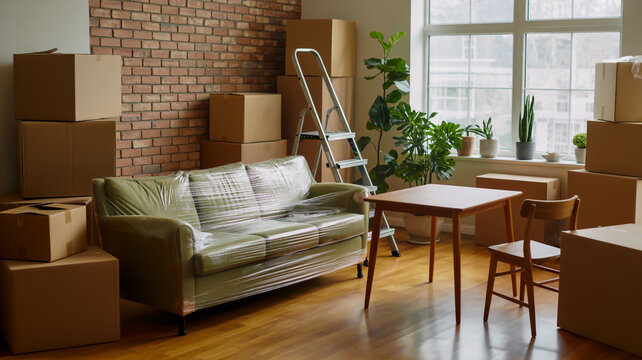 Interior of a modern house with packing boxes, house moving arrangements, cardboard boxes for storing things, contemporary living space.