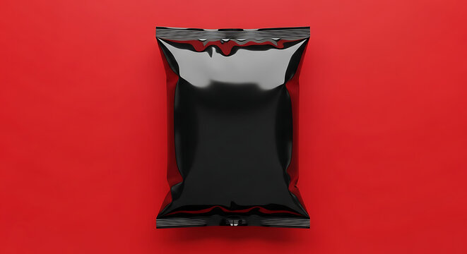A sleek, black, glossy snack pouch or bag centered on a vibrant red background, minimalist product packaging.