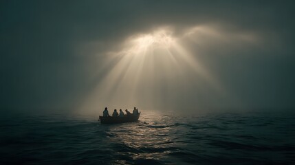 Jesus centered in the boat as motion of the sea transitions toward stillness + surrounding environment shifting from chaos into calm horizon while disciples observe quietly + soft radiant light expand