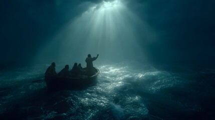 A dramatic scene of Jesus standing in a small wooden boat, arm raised, calming the stormy sea while disciples watch in awe as a corridor of light expands outward from the boat across the ocean surface