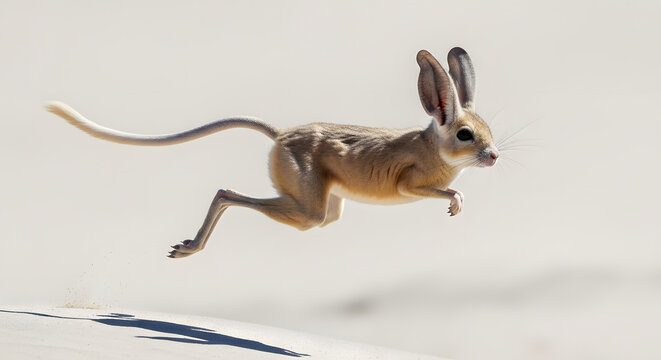 Long-eared Jerboa Euchoreutes Naso Jumping in the Desert Isolated on White Background Adorable Rare Rodent with Huge Ears and Long Tail Wildlife Movement Portrait