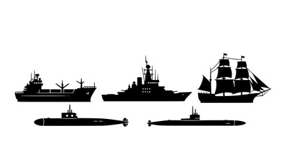 Naval and merchant ship silhouettes collection with cargo vessel sailing ship and submarine isolated on white background vector © MD