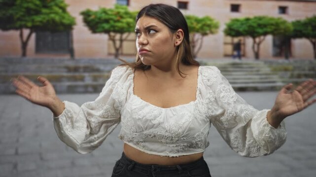 Woman hispanic plus size shrugging with palms up showing bare hands on a city street in front of building steps and trees; annoyance.
