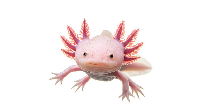 Unique pink leucistic axolotl swimming with its long tail and feathery gills extended isolated on a white background, rare Mexican salamander also known as a walking fish, aquarium and science mascot.