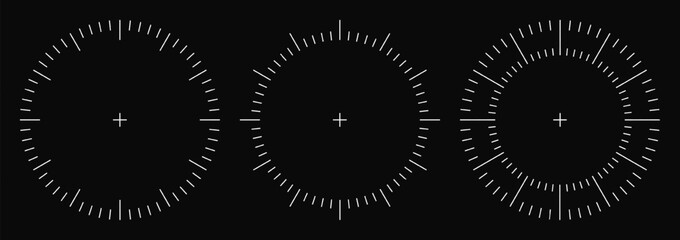 Clock face screen and military radar sonar. Vector technology angle measure, timer interface. Watch circle hud, compass timeline dial. 360 degree digital scale, outline ui on target map of army ship © Svetlana Ievleva