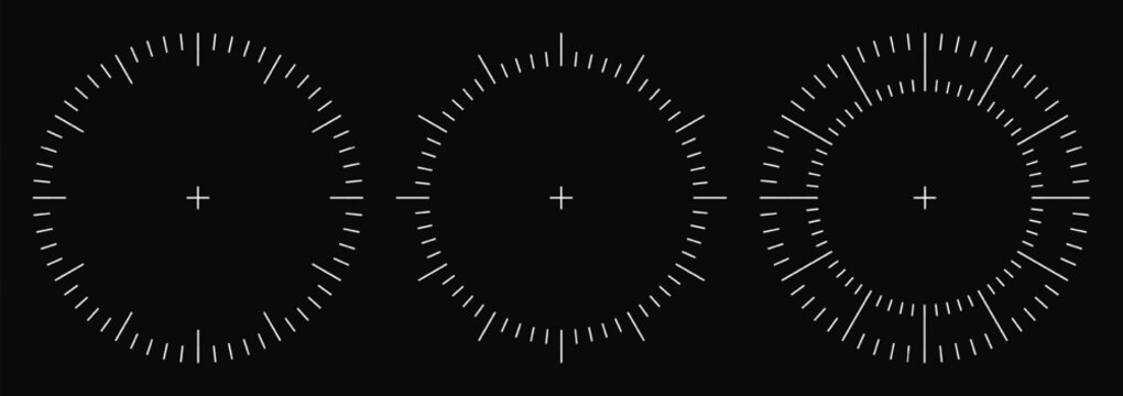 Clock face screen and military radar sonar. Vector technology angle measure, timer interface. Watch circle hud, compass timeline dial. 360 degree digital scale, outline ui on target map of army ship