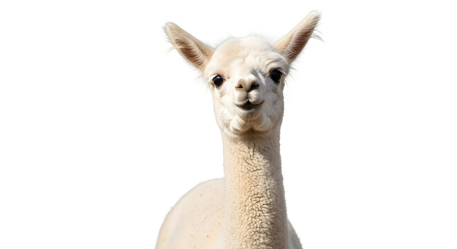 Close up head portrait of a fluffy white alpaca looking at the camera on a white background. South American camelid livestock animal with soft wool for fiber and agriculture. Adorable domestic farm 