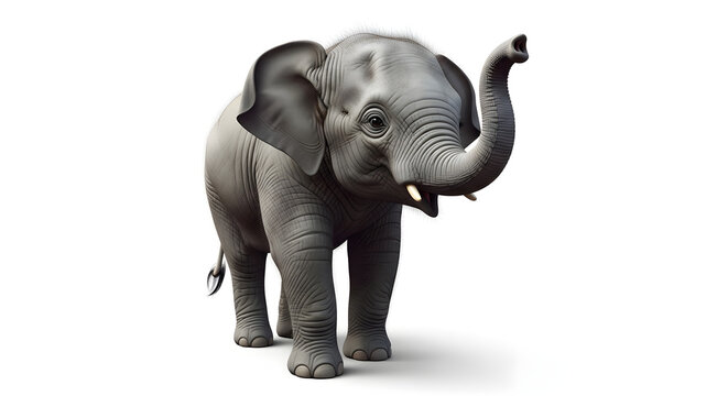 Playful baby elephant calf with its trunk raised standing against a white background. Majestic young African elephant wildlife portrait in a high-key studio setting. Adorable wild animal species 