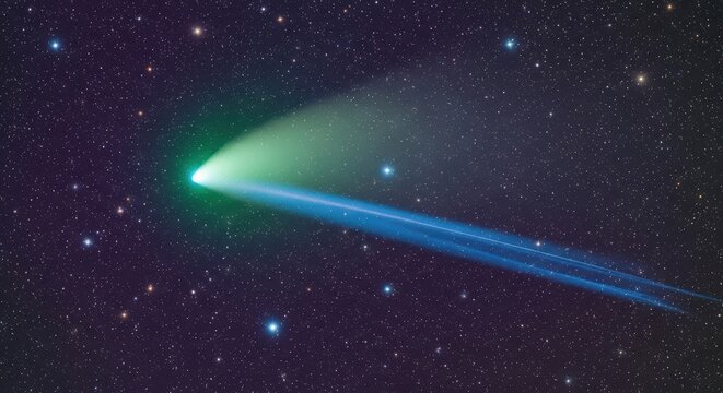 Comet C2022 E3 ZTF with a bright green coma and a distinct blue ion tail against a starry night sky.