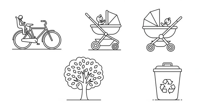 Set of 5 simple outline icons: bicycle with child seat, baby stroller, tree, recycling bin