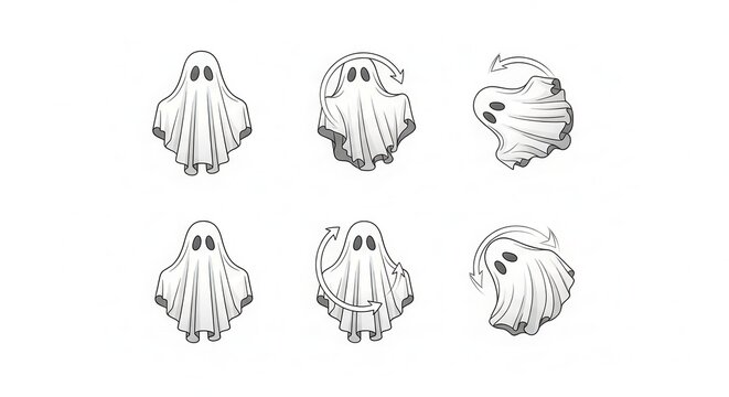 Set of 6 Cute Ghost Icons for Halloween, Vector Illustrations