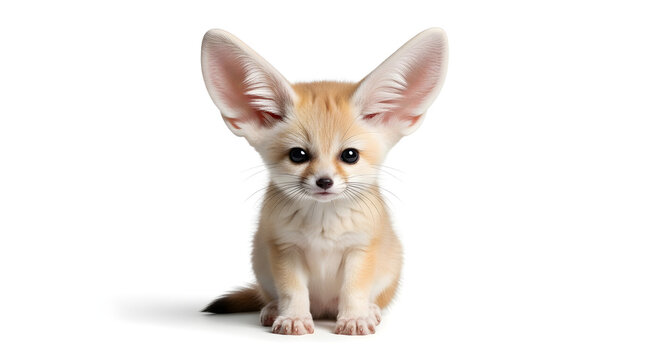 Adorable young fennec fox cub with large ears sitting against a white background. Small exotic desert wildlife mammal portrait in a high-key studio setting. Cute wild animal with fluffy fur & big eyes