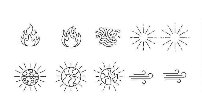 Set of 10 Icons: Elements of Nature - Fire, Water, Earth, Air, Sun, Explosion