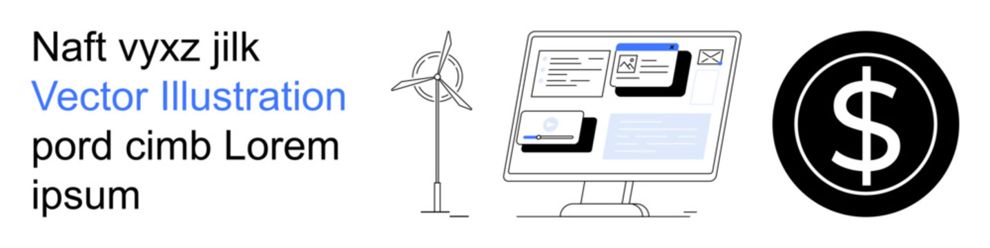 Renewable energy, financial technology, digital services, sustainable solutions, online transactions, eco-conscious investment. Wind turbine, computer screen with cards dollar sign icon. Renewable