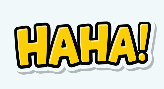 Bright Yellow "HAHA!" Text Sticker with Shadow and Outline on Light Blue Background