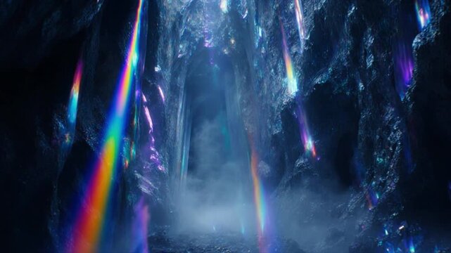 深海洞窟の輝くクリスタル結晶群 神秘的な青い光と霧の幻想空間