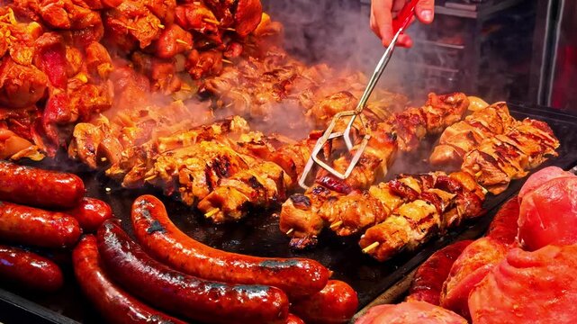 Delicious szaszłyk meat skewers and sausages grilling on a large hot plate at a street food stall, steam rising. Close-up