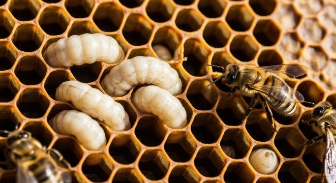 Close-up of honeybee larvae and adult bees on a honeycomb in a hive.