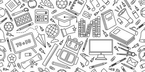 School supplies seamless pattern. School attributes seamless pattern. Student accessories repeat background. Back to school banner. Education doodle pattern background. © Predi