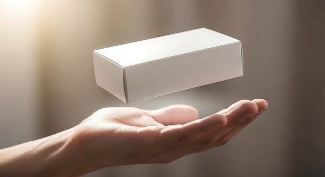 Floating white cardboard box mockup levitating over a human hand