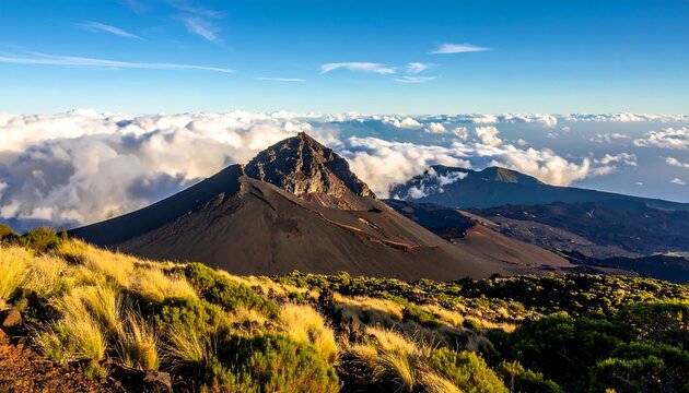 A majestic mountain peak rising above the clouds on a clear day