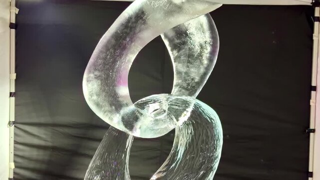 Abstract ice sculpture with smooth looping shape in a studio setup, lit against a dark background for dramatic winter art and event decoration visuals.