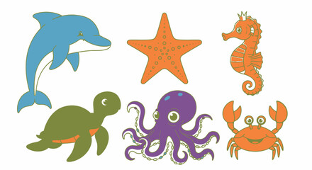 Naklejka premium Colorful sea creatures on white background.