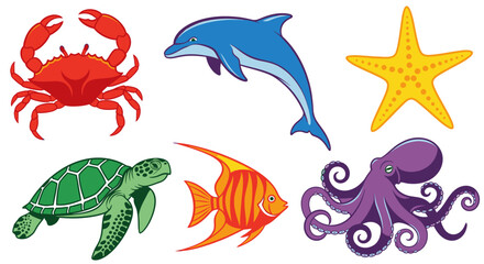 Fototapeta premium Colorful ocean sea creatures icons set.