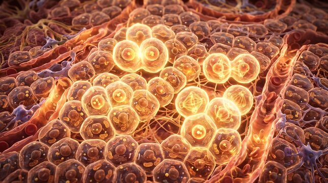 3D render of glowing golden microscopic cells dividing and multiplying in living tissue