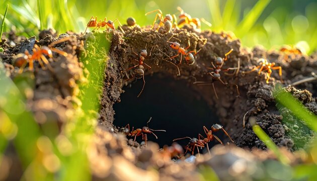Close-up of a bustling ant colony entrance in a grassy field on a sunny day.