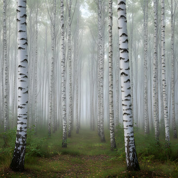 Misty Birch Tree Forest with Vertical White Trunks