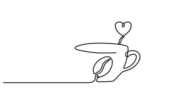 Animated continuous one line drawing of Minimalist coffee cup line art, heart steam, coffee bean, simple drawing