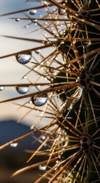 Close-up of Cactus Spines with Water Droplets.