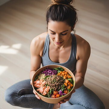 Athletic woman sitting cross legged holding a healthy harvest bowl