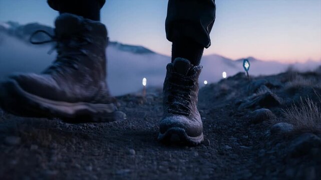 登山POV映像 霜の登山道を歩く一人称視点 夜明け前の静寂