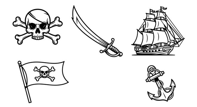 Pirate symbols and nautical objects.
